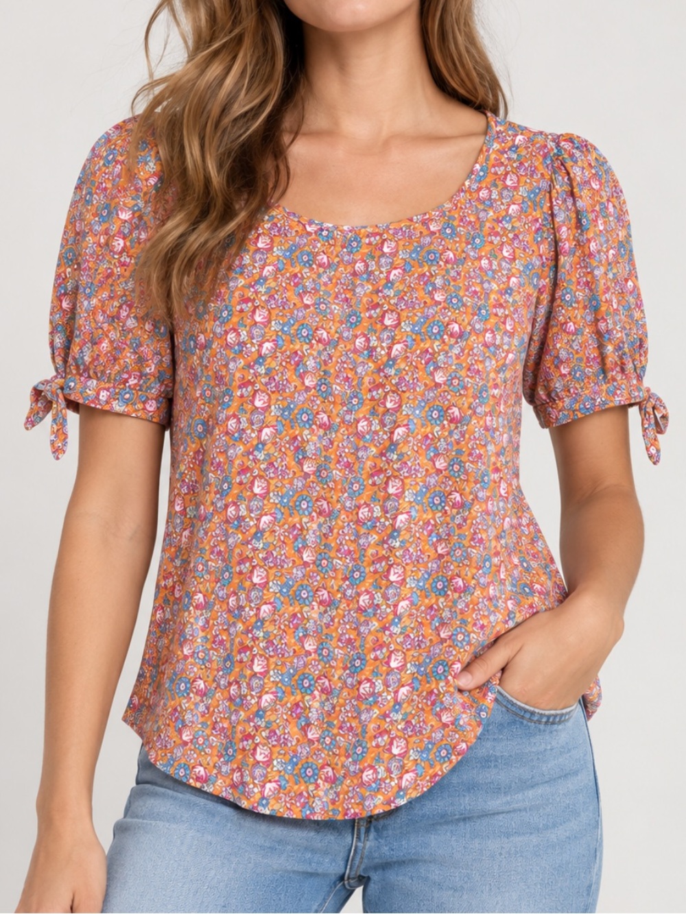 RACHEL Rachel Roy Orange Floral 100% Rayon Tie Sleeve Blouse Size S